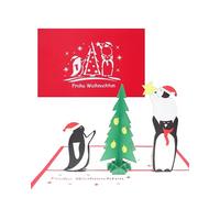 Tarjeta de Navidad 3D "pingüino y árbol de Navidad" - Divertida tarjeta desplegable para Navidad, como paquete de regalo y cupón de regalo