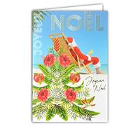 Tarjeta de Navidad con diseño de Papá Noel, color rojo, gorro de cóctel o tumbona, playa, arena, mar, azul, turquesa, árbol, flores exóticas tropicales tropicales, doradas y doradas