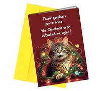 Tarjeta de Navidad, con texto en inglés "Thank goodness you're home", tarjetas para mujeres y hombres, tarjeta de Navidad con gato en árbol, tarjeta de Navidad feliz para él y ella, para papá, mamá,