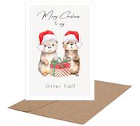 Tarjeta de Navidad de nutria para parejas, divertida tarjeta de Navidad con texto en inglés "Merry Christmas to My Otter Half", para marido, esposa, novio,