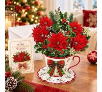 Tarjeta de Navidad desplegable con sobre, taza de té de flor de Pascua 3D | Material de cartulina, inserto de mensaje para escribir, estructura plegable, pantalla de mesa independiente