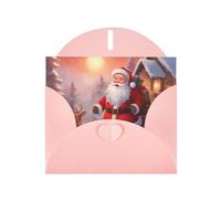 Tarjeta de Navidad horizontal de Papá Noel con sobre rosa en forma de corazón y escribe varios saludos navideños