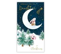 Tarjeta de Navidad para hija, conejo en la luna, especialmente para ti, diseño artístico festivo, acabado especial, fabricada en el Reino Unido, respetuosa con el medio ambiente