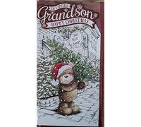Tarjeta de Navidad para nieto, con texto en inglés "For A Very Special Grandson Have A Magical Christmas", diseño de oso y trineo de Papá Noel