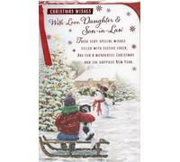 Tarjeta de Navidad para nuera y yerno, con texto en inglés "For A Special Daughter & Son-in-Law At Christmas", color dorado champán y bolas rojas