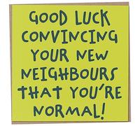 Tarjeta de nueva casa, buena suerte convencer a tus nuevos vecinos que eres normal, tarjeta de inauguración de la casa, tarjeta de nueva casa, divertida tarjeta de mudanza, tarjeta de inauguración de