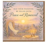 Tarjeta de Pascua - May Your Passover Be filled with Peace and Renewal - Acuarela Jerusalén Puesta de sol con velas y Matzá - Saludo de vacaciones judías