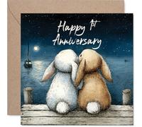 Tarjeta de primer aniversario para mujeres y hombres, conejitos abrazados, tarjeta de feliz aniversario de 1 año para pareja, compañero, marido, novia, tarjetas de felicitación de aniversario de boda