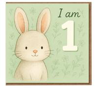 Tarjeta de primer cumpleaños con texto en inglés "Cute Bunny I am 1 - Ilustración de conejo dulce en verde con garabatos florales - Tarjeta de primer cumpleaños para bebé o niño pequeño