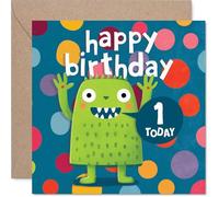 Tarjeta de primer cumpleaños juguetona - One Today and Ready to Roar - Monstruo verde alegre con brillantes vibraciones de fiesta de lunares - cuadrado de 145 mm, sobre incluido