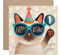 Tarjeta de primer cumpleaños juguetona - Un gato genial en tonos de fiesta - Diseño de gatito y sombrero con gafas de sol - Rebosante de alegría de cumpleaños - Cuadrado de 145 mm, sobre incluido