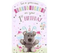 Tarjeta de primer cumpleaños para nieta - edad 1 - Precious Granddaughter - Acabados especiales - Diseño de oso de cebada y mariposa - Hoja de inserción ilustrada - Fabricado en el Reino Unido