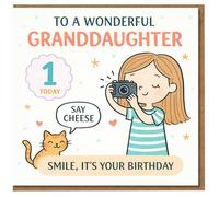 Tarjeta de primer cumpleaños para nieta - To a Wonderful Granddaughter, Age 1 Today, linda chica con cámara y gato, sonrisa, es tu cumpleaños