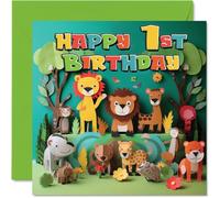 Tarjeta de primer cumpleaños para niños y niñas, animales de la selva, tarjeta de feliz cumpleaños de 1 año, tarjetas de primer cumpleaños para él y ella, tarjetas de felicitación de 145 mm x 145 mm