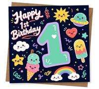 Tarjeta de primer cumpleaños, tarjeta de feliz primer cumpleaños para bebé niña o niño, bonito diseño de espacio kawaii y arco iris para la primera celebración