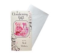 Tarjeta de regalo con el texto en inglés "Express Yourself", un regalo de bautizo, incluye un sobre, diseño de oso de peluche rosa y regalos, interior en blanco para información "de" y "to"