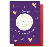 Tarjeta de San Valentín. Diseño con texto en inglés «Love you to moon and back», ecológica, tamaño A5. Tarjeta de San Valentín con sobre rojo. Verso en el interior. Impreso y empaquetado en el Reino