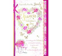 Tarjeta de San Valentín hecha a mano de lujo "For My Lovely Fiancee" con diseño de corazón floral en 3D de lámina dorada por Wishing Well Studios, 7 x 11 pulgadas