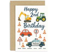 Tarjeta de segundo cumpleaños para niños - Feliz segundo cumpleaños - Edad 2 - Dos años - Tractores coches excavadores regalos temáticos para niños - hijo, nieto, sobrino, niño pequeño - Interior en
