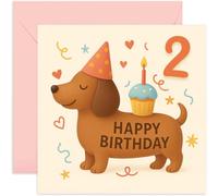 Tarjeta de segundo cumpleaños para niños - Lindo perro salchicha cachorro con diseño de magdalenas, para hija de 2 años, hijo, sobrina, nieta, hermana, hermano