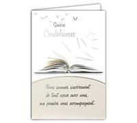Tarjeta de sinceras condolencias con los pensamientos que te acompañan en gris plateado brillante. Libro de página que se gira con pájaros.
