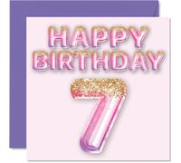 Tarjeta de sιptimo cumpleaρos para niρas Globos con purpurina rosa y morado Tarjetas de feliz cumpleaρos para niρa de 7 aρos, hija, hermana,