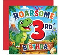 Tarjeta de tercer cumpleaños juguetona - Totally Roarsome Fun - Dinosaurio verde sonriente con volcán y escena de la selva - 145 mm cuadrada, sobre incluido
