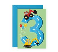 Tarjeta de tercer cumpleaños para niños - Feliz tercer cumpleaños - 3 años - Tarjeta de felicitación de tractores - Tarjeta temática de vehículos de construcción para hijo, nieto - por Central 23