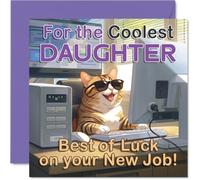 Tarjeta de trabajo de apoyo para hija - Cool Cat at the Computer Brings Big New Job Energy - Diseño audaz de gafas de sol - Cuadrado de 145 mm, sobre incluido