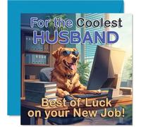 Tarjeta de trabajo de apoyo para marido - alegre golden retriever con gafas de sol envía buenas vibras - divertida escena de escritorio con colores divertidos - cuadrado de 145 mm, sobre incluido