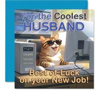 Tarjeta de trabajo de apoyo para marido - Gato descarado con gafas de sol trabajando duro - Diseño audaz azul y naranja - Un impulso divertido para su gran primer día - Cuadrado de 145 mm, sobre