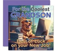 Tarjeta de trabajo de apoyo para nieto, perro descarado con gafas de sol en la oficina, escena colorida de escritorio para un envío seguro, cuadrado de 145 mm, sobre incluido