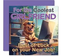 Tarjeta de trabajo de apoyo para novia, diseño de perro descarado con gafas de sol en la oficina, diseño morado brillante y amarillo, cuadrado de 145 mm, sobre incluido