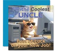 Tarjeta de trabajo de apoyo para tío - Cool Cat at the Computer Brings a Smile - Divertido diseño de gafas de sol para desear lo mejor de la suerte - cuadrado de 145 mm, sobre incluido