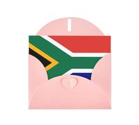 Tarjeta de vacaciones horizontal con diseño de bandera sudafricana con sobre rosa en forma de corazón y escribe varios saludos navideños