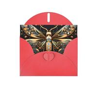 Tarjeta de vacaciones horizontal dorada con diseño de libélula sobre fondo negro con sobre rojo en forma de corazón y escribe varios saludos navideños