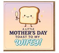 Tarjeta del día de la madre para esposa, lindo juego de palabras de tostadas, con texto en inglés "A Little Mother's Day Toast To My Wifey!", divertida caricatura de comida con champán