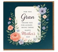 Tarjeta del día de la madre para Gran - Corona floral en verde azulado con mensaje "For You Gran, Thank You For Always Being There, Happy Mother's Day"