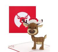 Tarjeta desplegable de Navidad con diseño de reno con gorro de Papá Noel, divertida tarjeta felicitación de Navidad 3D con bonito Rudolf, tarjeta plegable para Navidad
