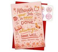 Tarjeta divertida con texto en inglés "Although Your Job Is Never Done It Is Always Done Well", regalo para el día de la madre, mamá, madrastra, mamá, tarjetas de agradecimiento de hija, hijo, tarjeta