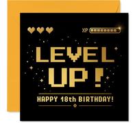 Tarjeta divertida de 18 cumpleaños, Level Up for the Big One Eight | Retro Pixel Gaming XP Bar & Hearts en lámina dorada, tarjeta de hito negro brillante, cuadrado de 145 mm, sobre incluido