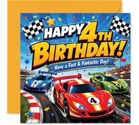 Tarjeta divertida de 4º cumpleaños - Zooming Race Car Fun - Coches deportivos vibrantes y banderas a cuadros con ráfaga de confeti - Cuadrado de 145 mm, sobre incluido