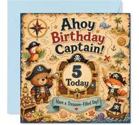 Tarjeta divertida de 5º cumpleaños - Ahoy There, Birthday Adventurer! - Mapa del tesoro pirata con lindo equipo de animales y dorado '5' - cuadrado de 145 mm, sobre incluido