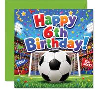 Tarjeta divertida de 6º cumpleaños - Grito a un campeón de cumpleaños - Colorida escena de fútbol y portería llena de confeti - cuadrada de 145 mm, sobre incluido