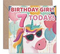 Tarjeta divertida de 7º cumpleaños - Celebremos con estilo - Gafas de sol unicornio y globos coloridos - Gran energía de 7º cumpleaños - 145 mm cuadrada, sobre incluido