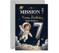 Tarjeta divertida de 7º cumpleaños, diseño de astronauta sonriente