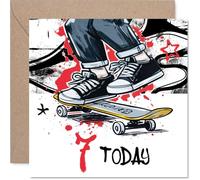 Tarjeta divertida de 7º cumpleaños - Kickflip into Seven - Niño patinando en colores urbanos atrevidos - Energía vibrante para un cumpleaños fresco - Cuadrado de 145 mm, sobre incluido