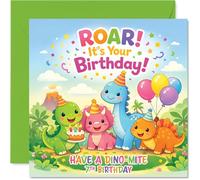 Tarjeta divertida de 7º cumpleaños - Make Their Day Roar-some - Coloridos dinosaurios de dibujos animados con globos y pastel - Una forma de dinosaurio para celebrar el giro cuadrado de 7 a 145 mm