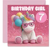 Tarjeta divertida de 7º cumpleaños, unicornio con gafas que aporta brillo de cumpleaños, globos rosa pastel y fondo brillante, cuadrado de 145 mm, sobre incluido