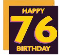 Tarjeta divertida de 76 cumpleaños - Big Bold 76 - llamativo diseño de números amarillo y morado - Vibraciones festivas para un hito memorable, cuadrado de 145 mm, sobre incluido